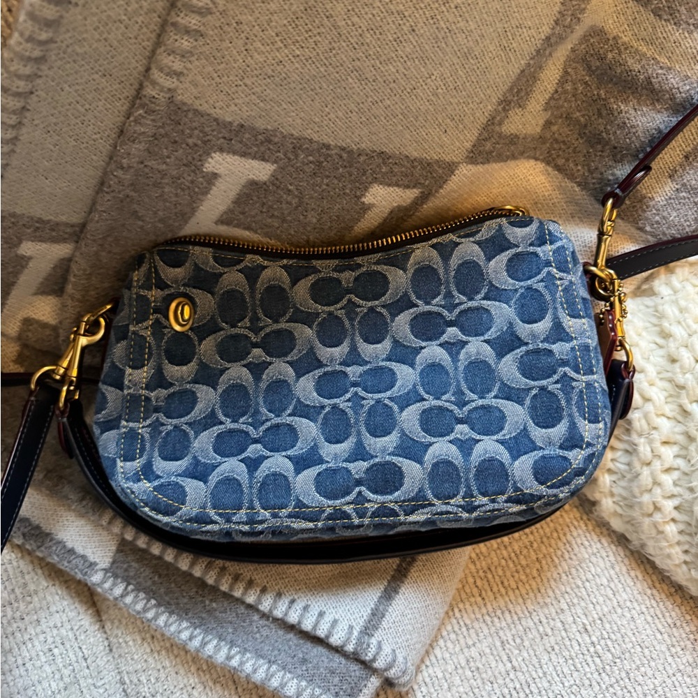 Blue Shoulder Bag with Signature Pattern and Gold Hardware